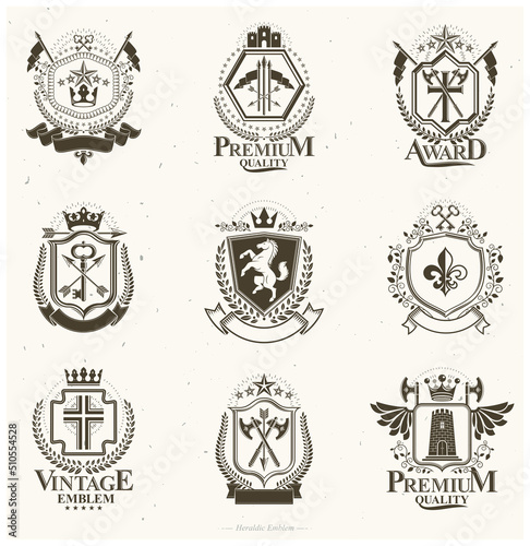 Heraldic Coat of Arms, vintage vector emblems. Classy high quality symbolic illustrations collection, vector set.