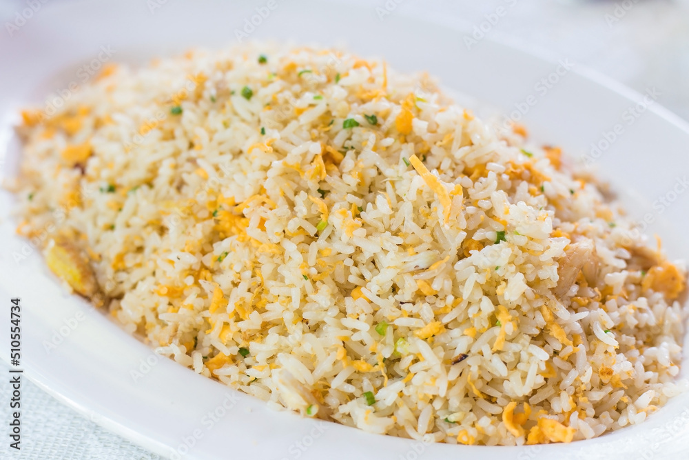 Fried rice with crab with vegetable and eggs in a white plate Fried rice with crab with vegetable and eggs in a white plate