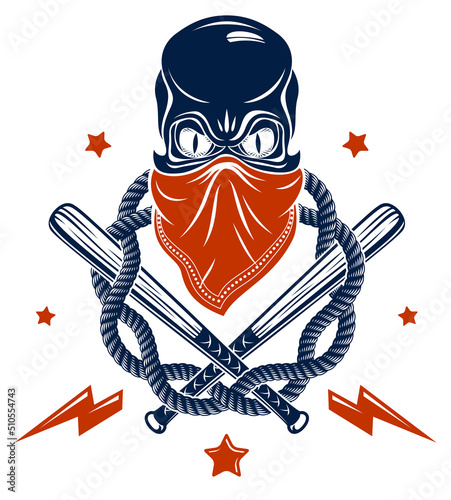 Gangster emblem logo or tattoo with aggressive skull baseball bats and other weapons and design elements, vector, criminal ghetto vintage style, gangster anarchy or mafia theme.