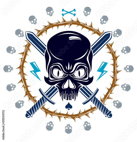 Jolly Roger dead head aggressive skull, Pirates vector emblem or logo with weapons and other design elements, vintage style logo or tattoo.