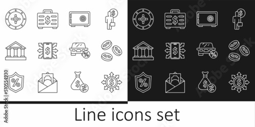 Set line Dollar, share, network, Coin money with dollar, Safe, Smartphone, Bank building, Car leasing percent and Briefcase and icon. Vector