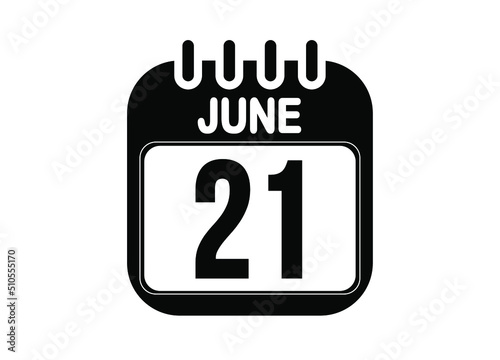 June 21. Day 21 of June. Black and white calendar vector. Template for the days of june.