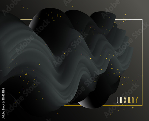 Black gradient with gold particles elements vector abstract background, dimensional 3D fluid shape in dynamic motion, luxury fashion theme design.