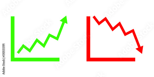 Graph going Up and Down sign with green and red arrows vector. Flat design vector illustration concept of sales bar chart symbol icon with arrow moving down and sales bar chart with arrow moving up.	