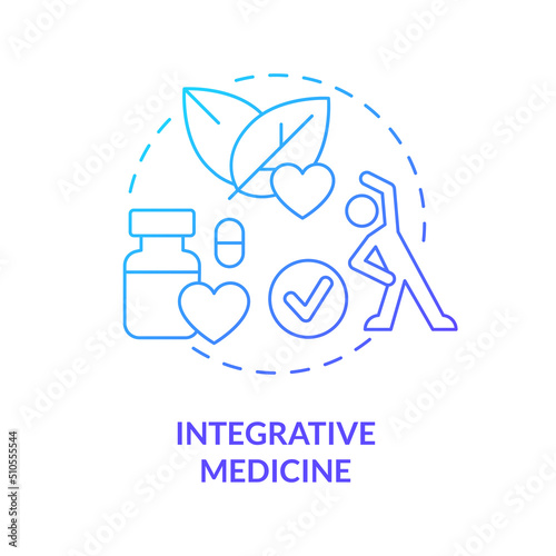Integrative medicine blue gradient concept icon. Approach to medical care abstract idea thin line illustration. Effective treatment and therapy. Isolated outline drawing. Myriad Pro-Bold font used photo