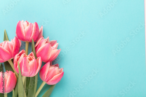 Fototapeta Naklejka Na Ścianę i Meble -  Pink tulip flower on pastel table background with copy space for text. International Women day, Mother day and Happy Valentine day concept.