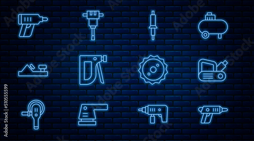 Set line Electric cordless screwdriver, planer tool, Soldering iron, Construction stapler, Wood, Circular saw blade and jackhammer icon. Vector