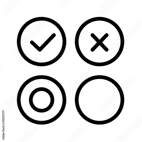 Icon set of check mark, cross mark and round mark. Vector.