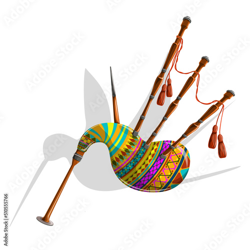 Vector image of a bagpipe in bright colors and tassels on a white background. In cartoon style. Concept. EPS 10