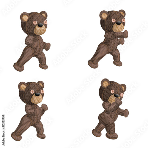 Vector image of a set of four knitted bears in various positions. Isolated on white background. EPS 10
