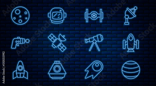 Set line Planet, Rocket ship, Cosmic, Satellite, Ray gun, Mars, Telescope and Astronaut helmet icon. Vector