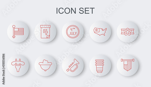 Set line American flag, Sausage on the fork, Calendar with date July 4, Paper glass, Western cowboy hat and Trumpet icon. Vector