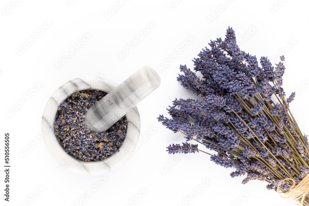 lavender spa products with dried lavender flowers on a isolated background. - obrazy, fototapety, plakaty 