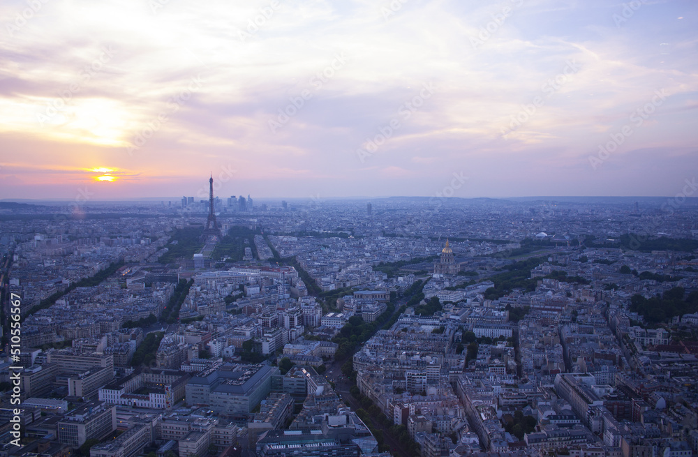 Panorama of Paris at sunset, France