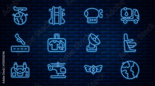 Set line Worldwide, Airplane seat, Airship, Suitcase, Plane landing, Globe with flying, Radar and Parachute icon. Vector