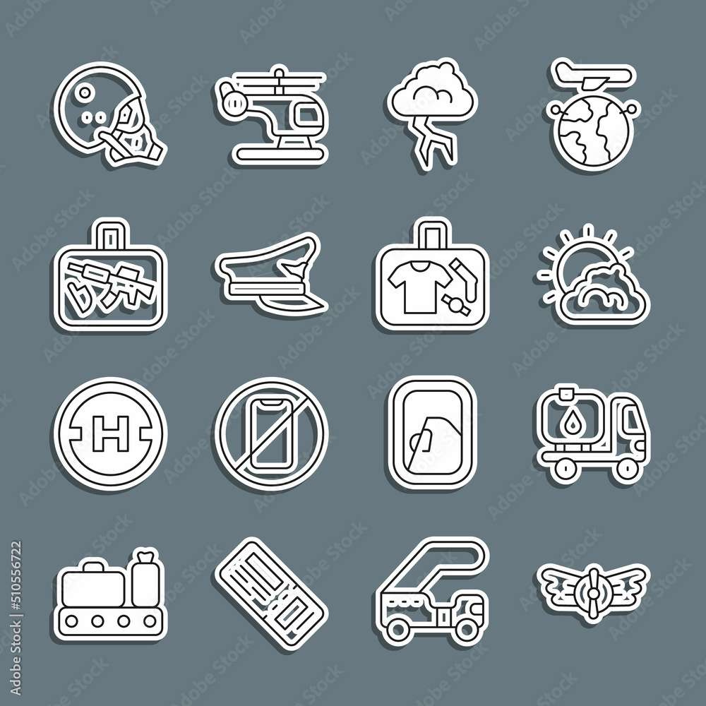 Set line Aviation emblem, Fuel tanker truck, Sun and cloud weather, Storm, Pilot hat, Suitcase, Modern pilot helmet and icon. Vector Set line Aviation emblem, Fuel tanker truck, Sun and cloud weather, Storm, Pilot hat, Suitcase, Modern pilot helmet and icon. Vector