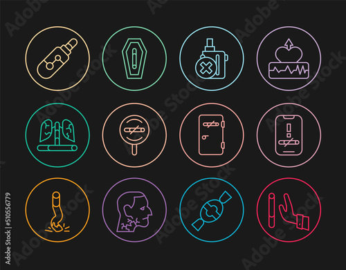 Set line Giving up cigarette, No smoking, electronic, Disease lungs, Electronic, area and Death from icon. Vector