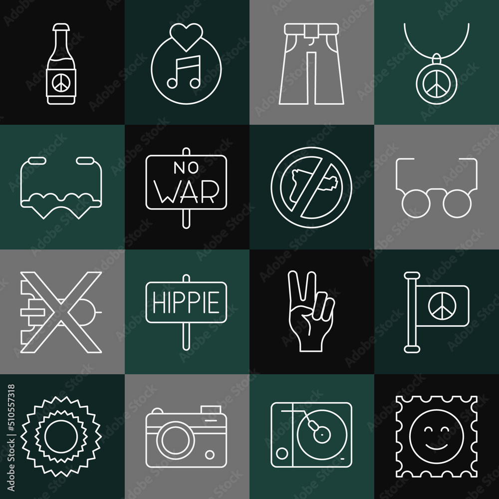 Set line LSD acid mark, Flag peace, Glasses, Jeans wide, No war, Heart shaped love glasses, Beer bottle and icon. Vector Set line LSD acid mark, Flag peace, Glasses, Jeans wide, No war, Heart shaped love glasses, Beer bottle and icon. Vector