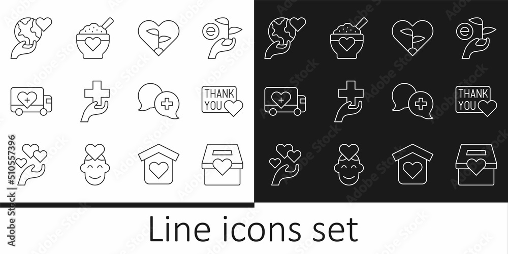 Set line Donation and charity, Thank you with heart, Leaf in, Heart cross, Humanitarian truck, Hand holding Earth globe, Dialogue doctor and food icon. Vector