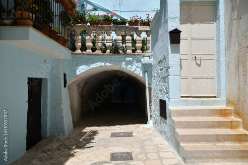 A small street in Casamassima, a village with blue-colored houses in the Puglia region of Italy. © Giambattista