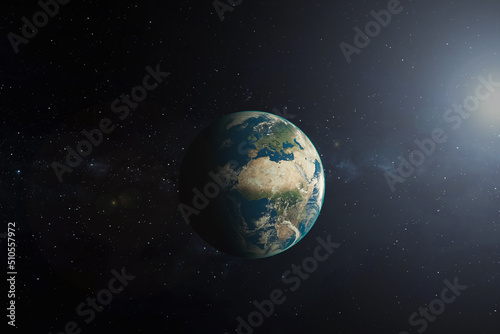 Fototapeta Naklejka Na Ścianę i Meble -  Earth in the space. View of the planet Earth from space. 3D model of the Earth View. Blue planet for wallpaper. 