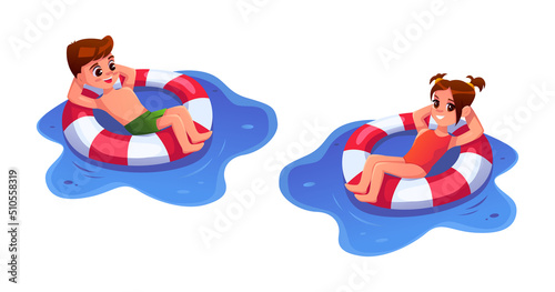 Little boy and girl is swimming on the pool ring isolated on a white background. Vector cartoon character. 