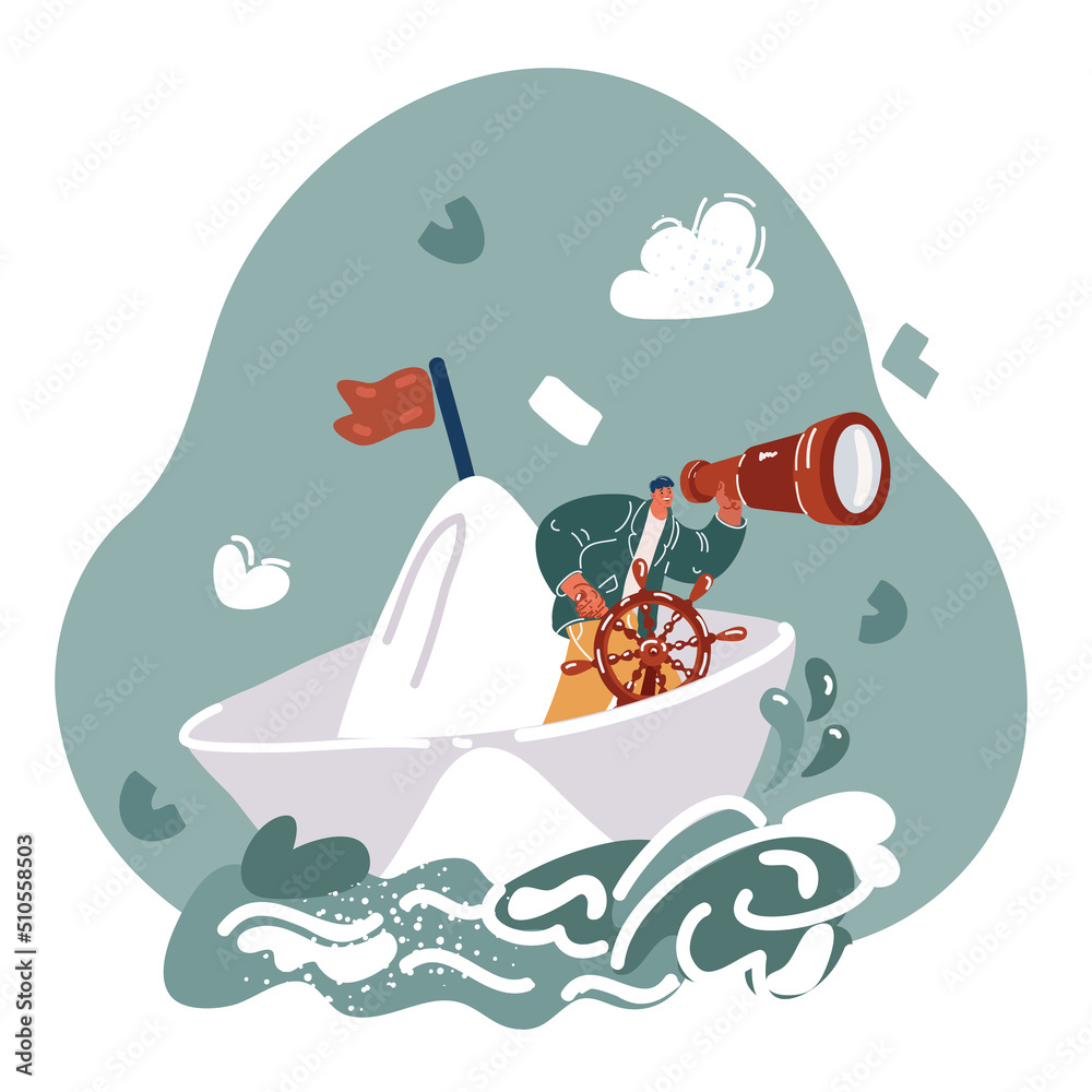 Fototapeta premium Vector illustration of man on a paper boat with telescope and steering wheel