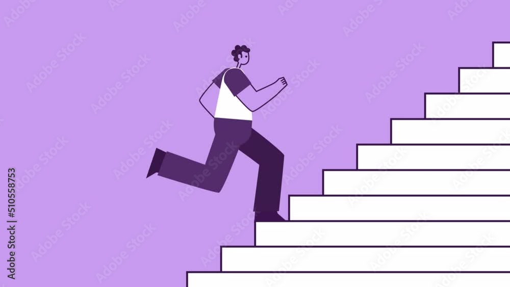 Purple Style Man Flat Character Run Up the Stairs. Isolated Loop Animation with Alpha Channel Purple Style Man Flat Character Run Up the Stairs. Isolated Loop Animation with Alpha Channel