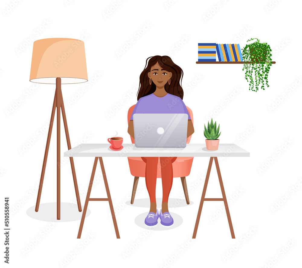 Fototapeta premium Woman sits at a table, works at home at a computer. Remote work, freelance, home office, programming, training. Vector illustration.
