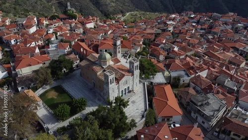 Wallpaper Mural Panoramic view to the popular village of Arachova, Boiotia, Greece, at the slopes of Parnassus mountain. Drone footage 4K. Torontodigital.ca