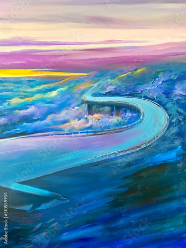 Original oil painting. Dawn. The road to the sky. Blue landscape. Surrealistic subject. 