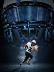 Creative portrait of young man, american football player in motion over dark background with fans silhouettes. Sport, challenge, goals, activity concept.