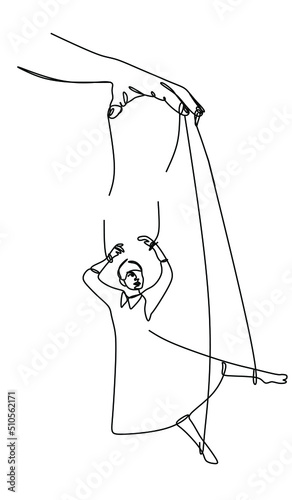 a linear drawing of hand manipulation and a silhouette of a woman, the threads are torn. The concept of psychology of male manipulation of a woman's feelings