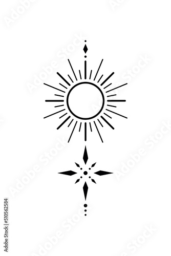 Blackwork tattoo sketch with sun and star. Sacred geometry tattoo design, mystic symbol. New school dotwork, line art minimalist style tattoo. Boho design. Print, posters, t-shirts and textiles.