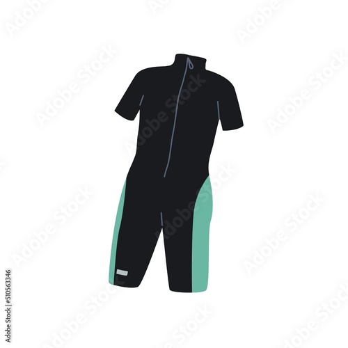 Diving wetsuit. Short snorkeling, scuba wet suit, jumpsuit. Divers anatomical costume for underwater sea swimming. Flat vector illustration isolated on white background