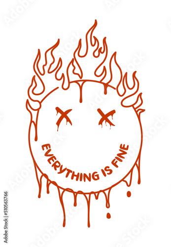Burning emoji smile that melts and dripping. Design for t-shirt with melting smile emoticon on fire. Typography graphics for tee shirt and apparel print. Vector illustration.