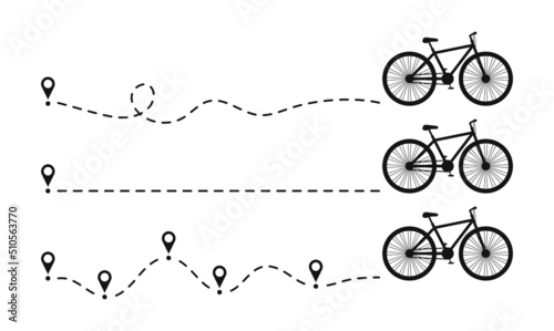 Bike icon dotted line path with start point. Set of bicycle way trace with location or map pins and dotted route. Vector illustration. photo
