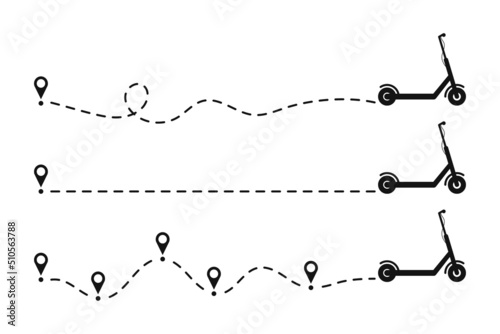 Scooter icon dotted line path with start point. Set of kick scooters paths trace with location or map pins and dotted route. Vector illustration.