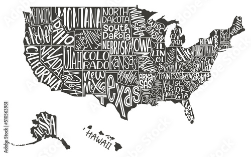 United States of America map with text state names. USA MAP. Flat hand drawn black and white vector illustration. Design USA typography map with states text. American map for poster, banner, t-shirt.