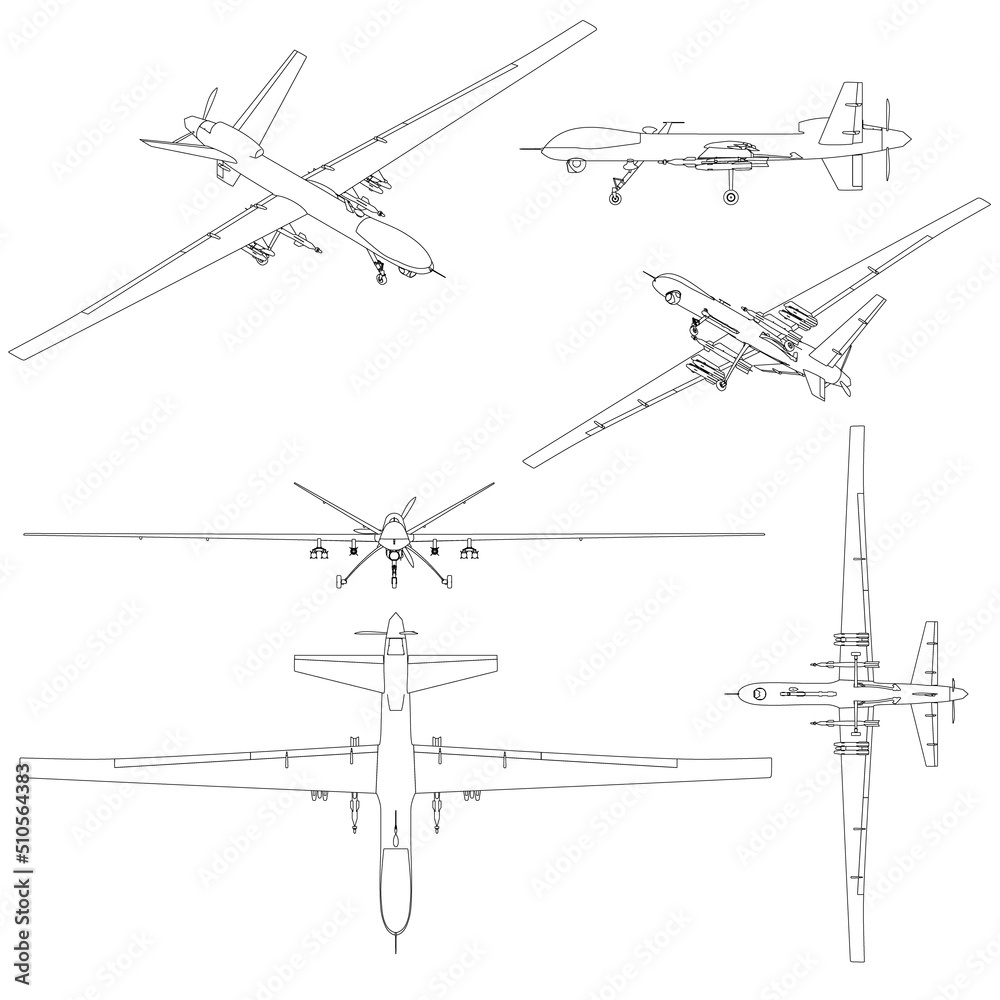 Set with contours of combat unmanned aerial vehicles from black lines isolated on a white background. Side, bottom, top, isometric view. Vector illustration. Set with contours of combat unmanned aerial vehicles from black lines isolated on a white background. Side, bottom, top, isometric view. Vector illustration.