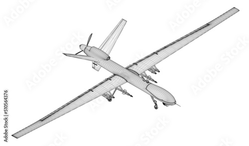 Black lines combat drone wireframe isolated on white background. Isometric view. 3D. Vector illustration.