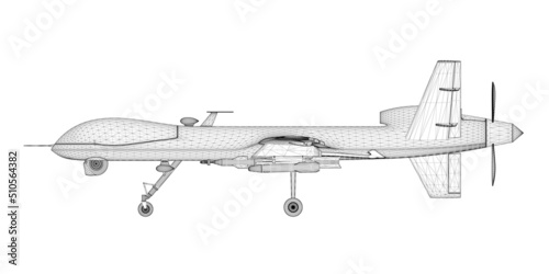 Black lines combat drone wireframe isolated on white background. Side view. 3D. Vector illustration.