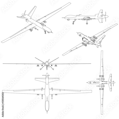 Set with contours of combat unmanned aerial vehicles from black lines isolated on a white background. Side, bottom, top, isometric view. Vector illustration.