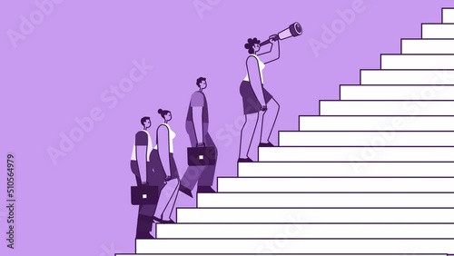 Yellow Style Group of People Climbing Stairs with Woman Leader Flat Character. Isolated Loop Animation with Alpha Channel