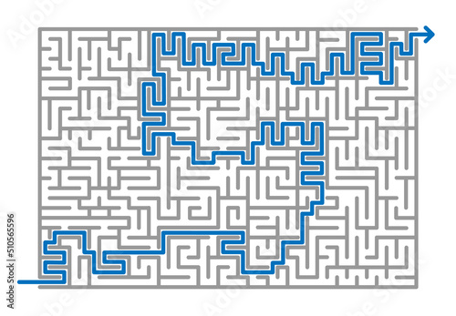 Complex grey maze with blue solution look like letter S. Labyrynth with way answer.