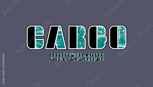 Grunge font, alphabet with a letterpress eroded rough texture, letters and numbers with outlines vector illustration 10EPS