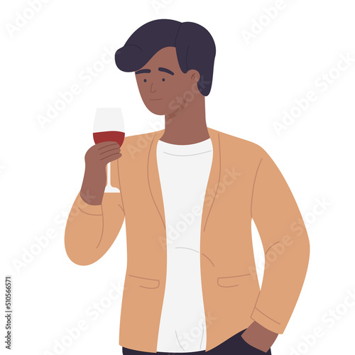 Afro american boy drinking glass of wine. Party beverages, alcohol consumption vector illustration