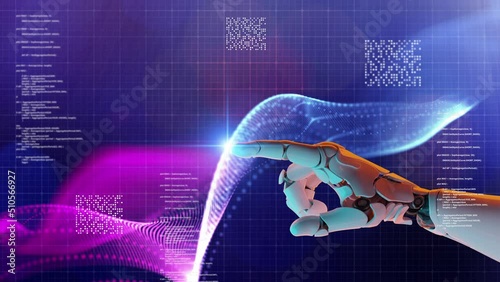 AI artificial intelligence robot process automation RPA digital transformation, cyber security cloud digital technology. futuristic 3D robot hand pointing computer coding futuristic background photo