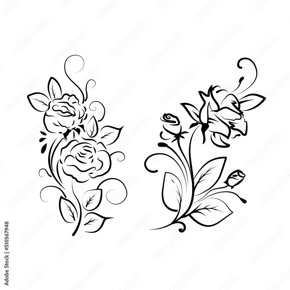Fototapeta premium Editable set of line art vector roses clipart on the white background. EPS10.