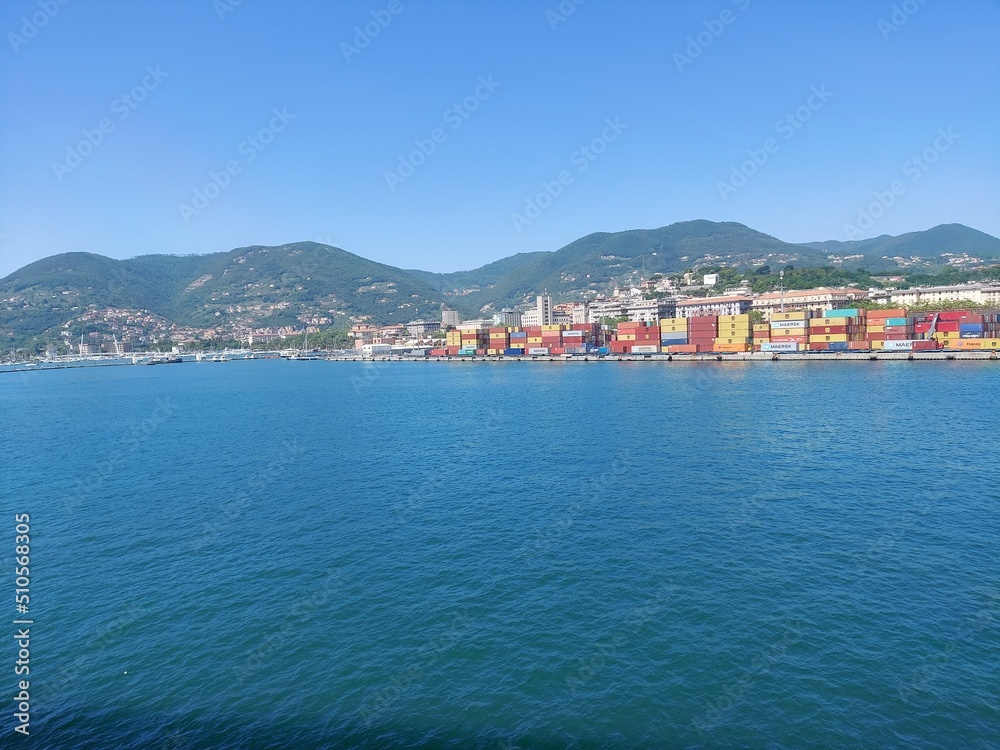 Italy FLORENCE Jun 2 a view from port of Florence colourful containers green mountains and town